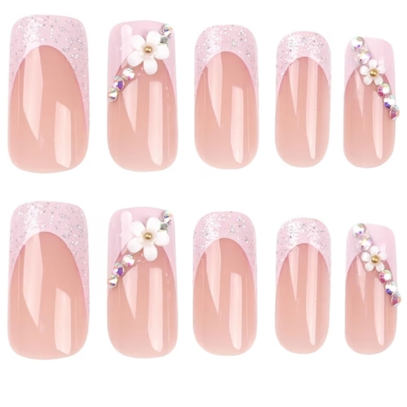 🛍3 FOR $20 DEAL! Almond French Tip Nails - White Flower Rhinestone Design - Picture 3 of 4